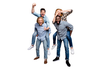 Fototapeta premium Full length body size view of four nice attractive crazy playful cheerful cheery positive guys having fun rest piggy-backing isolated over gray purple pastel color background