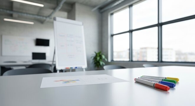 Modern office meeting room with whiteboard, large window, chart, and colorful markers on a table