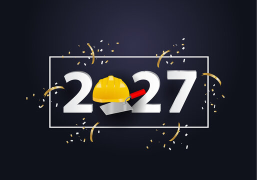 happy new year 2027. 2027 with helmet of the builder and trowel. construction work concept

