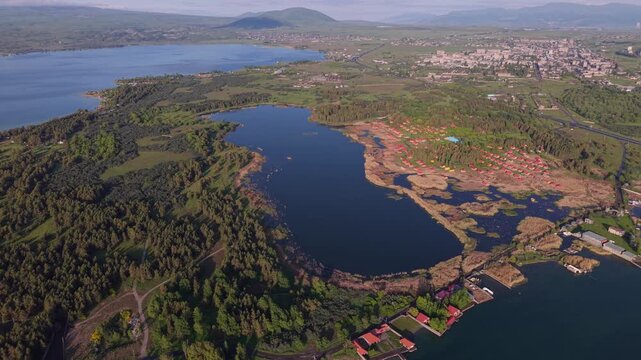 Aerial view of Lake Sevan and forested peninsula, Armenia.
