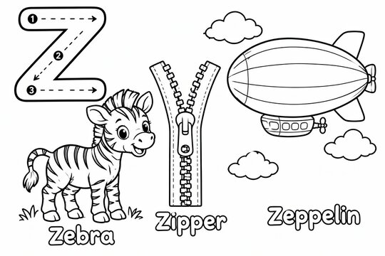 Letter z with zebra zipper and zig zag pattern for kids alphabet