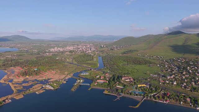 Aerial view of Lake Sevan and the town of Sevan, Armenia.