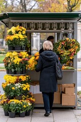 Fototapeta premium Outdoor flower stall with yellow chrysanthemums and wreaths during autumn market with customer for design, poster and background use