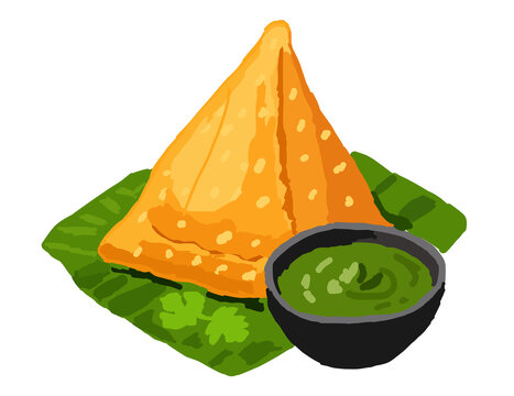 Crispy Indian Samosa with Green Chutney Dip Illustration