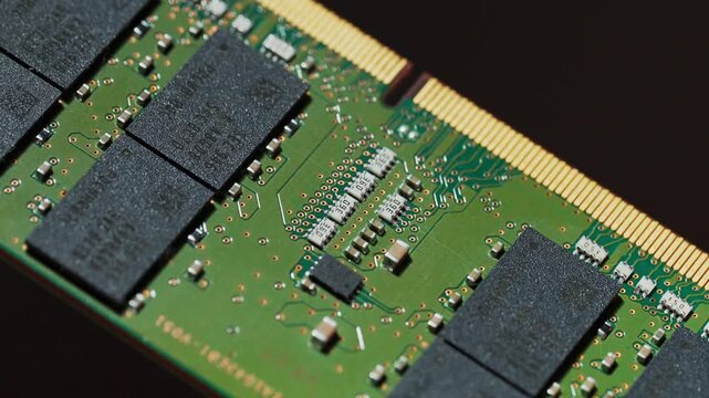 A macro panning shot of a computer RAM memory module with a green circuit board and gold contacts.