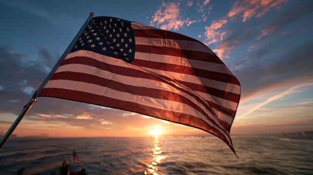 American Flag Waving at Sunset over the Ocean