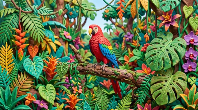 Claymation Scarlet Macaw Parrot Perched in Lush Tropical Jungle