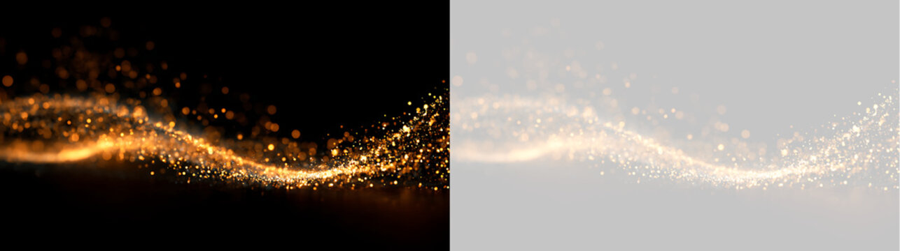 Golden particle wave with sparkling dust and bokeh effect. Glowing glitter stream overlay. Abstract light trail banner