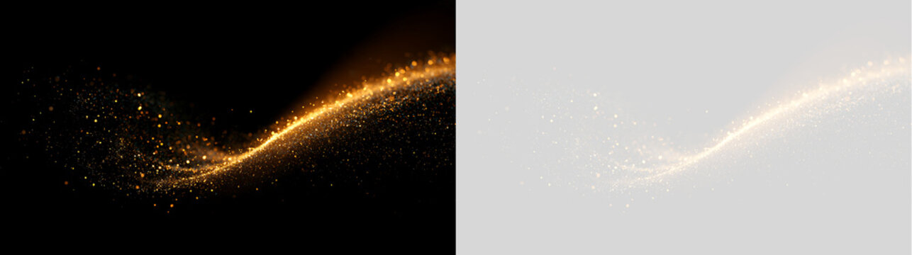 Flowing golden particle wave with sparkling light bokeh. Shimmering dust trail effect isolated on black and transparent background