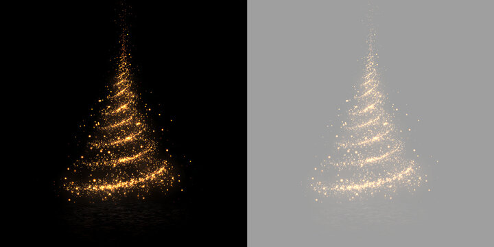 Golden particle Christmas tree on transparent and black background. Glowing spiral fir tree light effect for holiday design