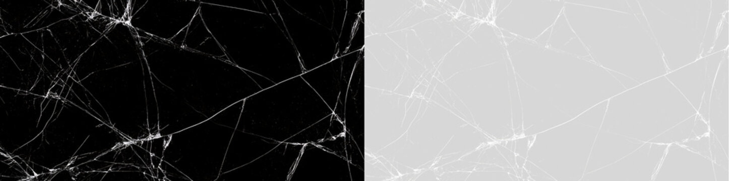 Broken glass overlay texture on black and transparent background. Shattered screen effect banner with crack lines and fractures