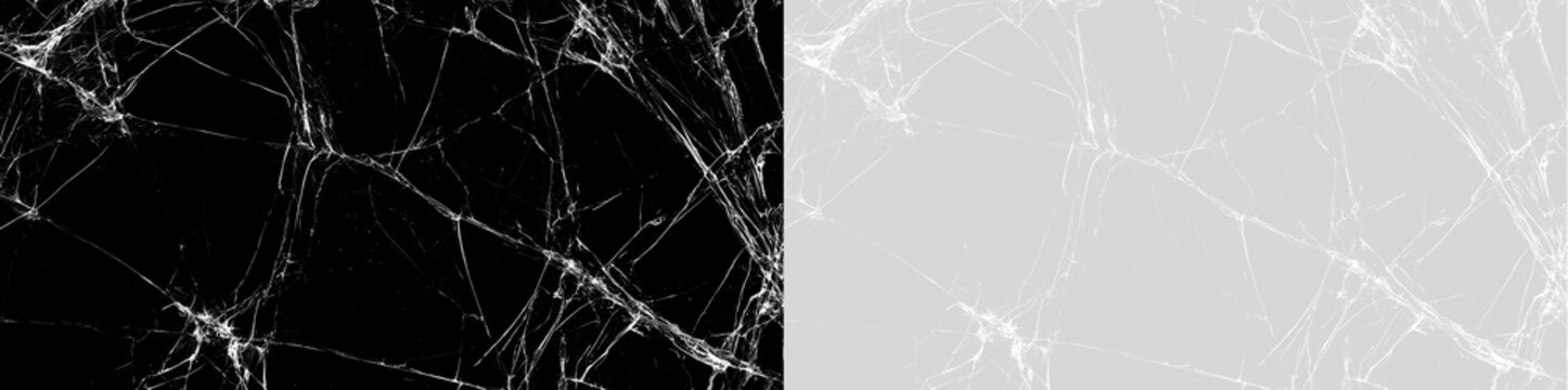 Shattered glass crack texture on black and transparent background. Realistic broken screen overlay effect banner