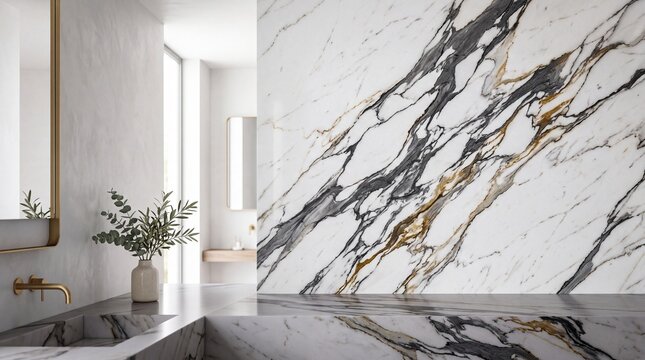 Luxury Bathroom Interior with Elegant Calacatta Marble Slab Wall