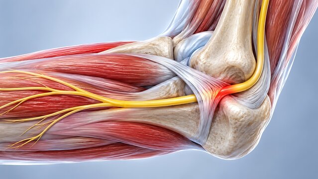 Ulnar nerve compression at the elbow with surrounding muscle and bone anatomy