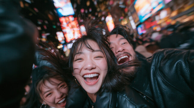 Excited Young Friends Celebrating and Taking Selfie at Night
