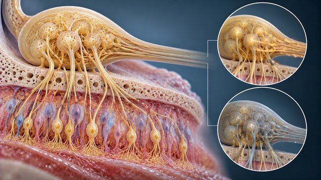 Peripheral sensory nerve endings extending through layered skin tissue