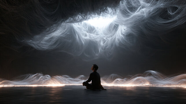 Person Sitting in Meditation Under Ethereal Glowing Light