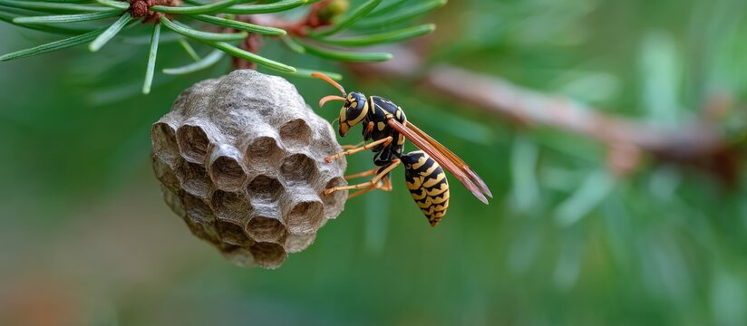 Yellowjacket rests upon a gray paper wasp nest hanging from a conifer branch