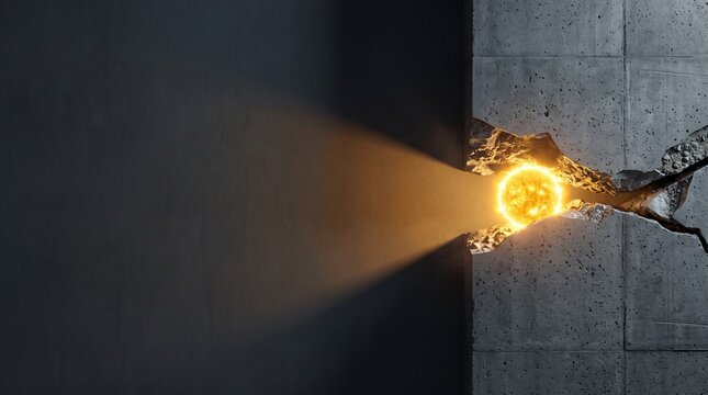 Miniature glowing golden sun breaking through cracked monolithic concrete wall, energy breakthrough innovation and structural disruption concept with vast copy space