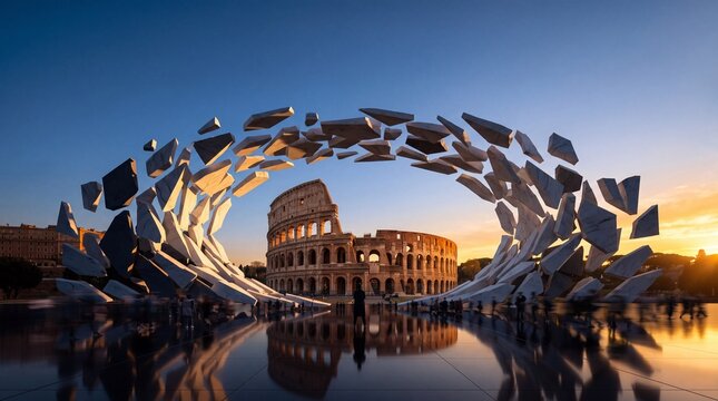 Colosseum in Rome Framed by Futuristic Surreal Stone Arch at Sunset