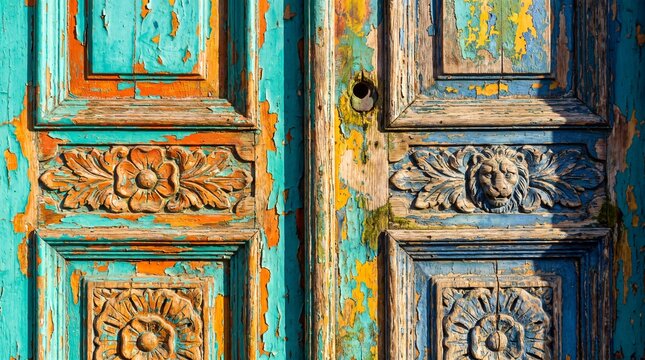 Weathered Antique Wooden Door with Carved Relief and Peeling Paint