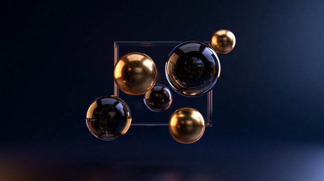 Geometric 3D Composition with Floating Gold and Glass Spheres