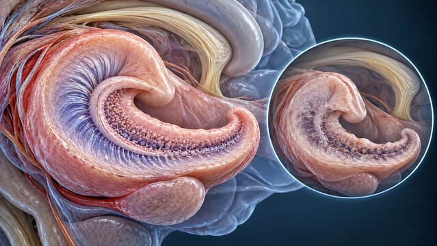 Inner ear cochlea and spiral structures involved in hearing