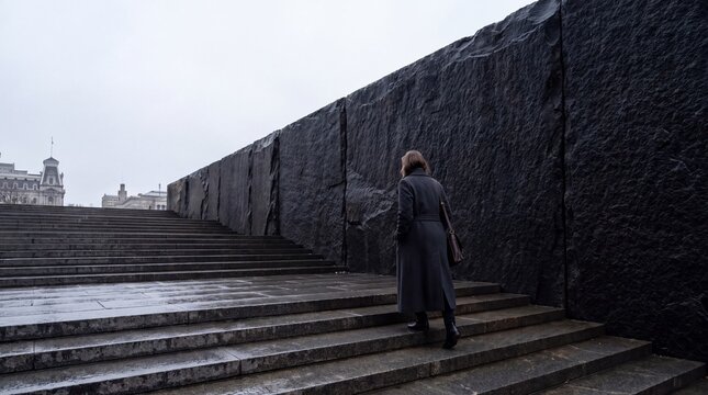 Woman Walking Up Stairs Beside Massive Stone Wall