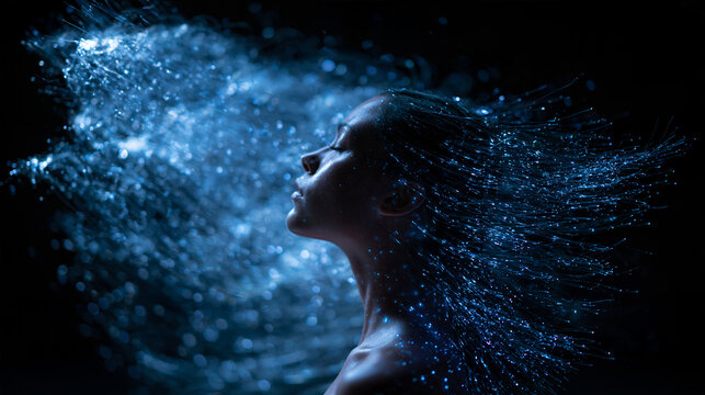 Profile of Serene Woman Surrounded by Glowing Blue Particles