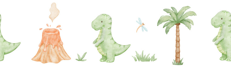 Cute baby dinosaur and volcano seamless border. Watercolour repeating nursery banner for kids. Colorful isolated illustrations © Elena