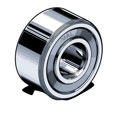 Shiny chrome ball bearing with MAL inscription on a black background