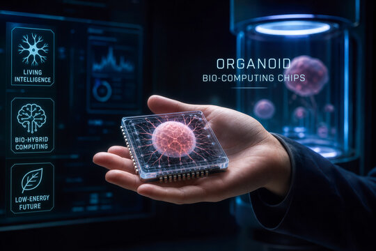 Organoid bio-computing chips handheld concept with living neural tissue bio-hybrid processors for low-energy computing research laboratories pilot tech environment futuristic