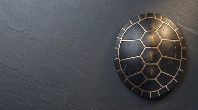 Sea turtle carapace crafted from dark marble with brushed brass inlays on graphite slate, marine wildlife conservation and biomimetic luxury design concept with vast copy space