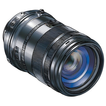 Professional camera lens with zoom ring and focus ring against a black background
