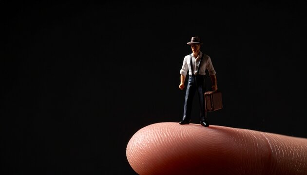 指先に立つミニチュアの男性。小さな存在感とコントロール、ビジネス・旅行コンセプトの概念画像
