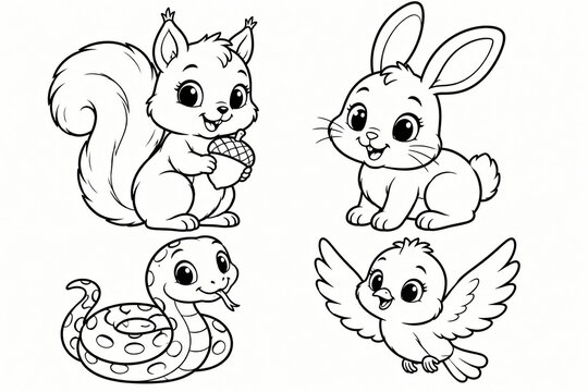 Cute cartoon squirrel rabbit and bird line art set for children coloring page design