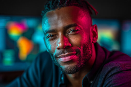 AI Macro Economic Researcher in Triadic Cyan-Magenta-Gold Light &mdash; Global Forecasting Mastery Portrait

