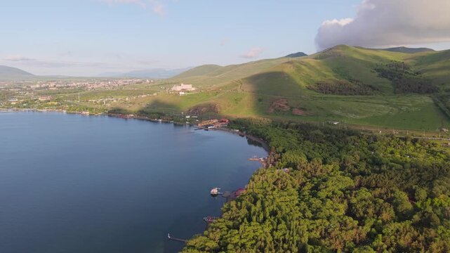 Aerial view of Lake Sevan and forested shoreline, Armenia.