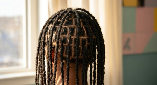 Rear view of a person's head showcasing intricately braided dreadlocks styled in a grid pattern, illuminated by sunlight streaming through a window