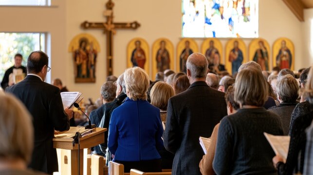 Church congregation at service with lector reading at lectern and worshippers standing for religious worship event design card poster background
