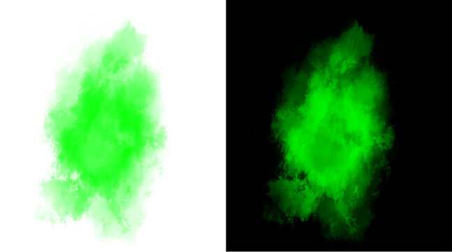 Vibrant green smoke explosion on white and black background, neon lime powder splash, abstract colorful mist cloud for graphic design