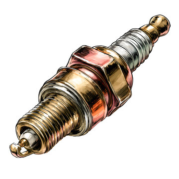 Detailed illustration of a single spark plug with metallic sheen on black background