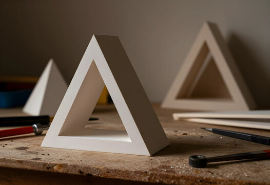 Architecture and design concept, white triangular geometric frames on a wooden workshop desk with drafting tools for creative planning and construction