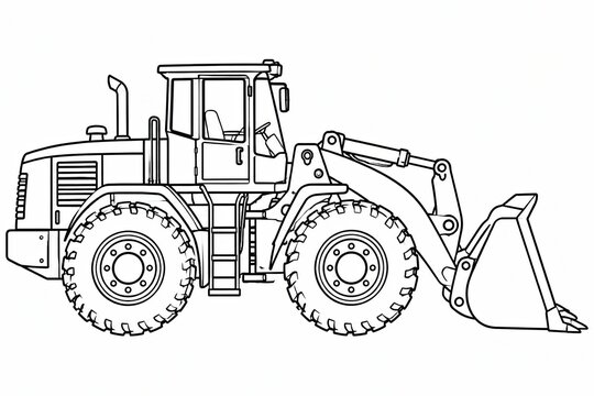 Black and white line art drawing of a heavy construction tractor machine