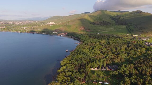 Aerial view of Lake Sevan and surrounding forests, Armenia.