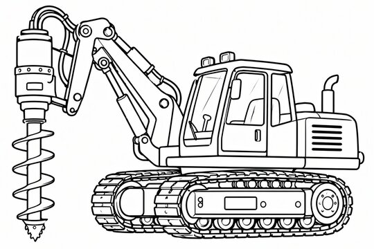 Black and white line art illustration of a heavy construction excavator
