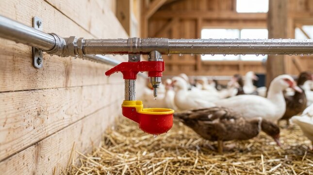 Automatic nipple drinker with red cup dripping water in a rustic duck barn with straw bedding