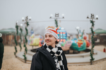 Naklejka premium Young man wearing a Santa hat and checkered scarf smiles at an outdoor amusement ride. He stands in front of a colorful carousel at a festive winter market.