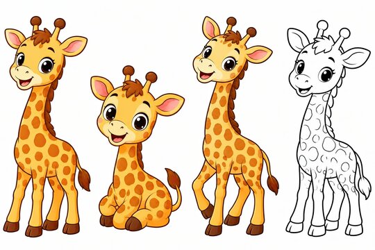 Cute cartoon baby giraffes collection with line art