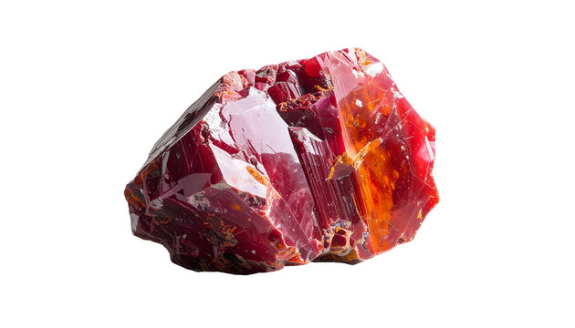 Gemstone close-up of a jagged, red-orange crystal against black background
